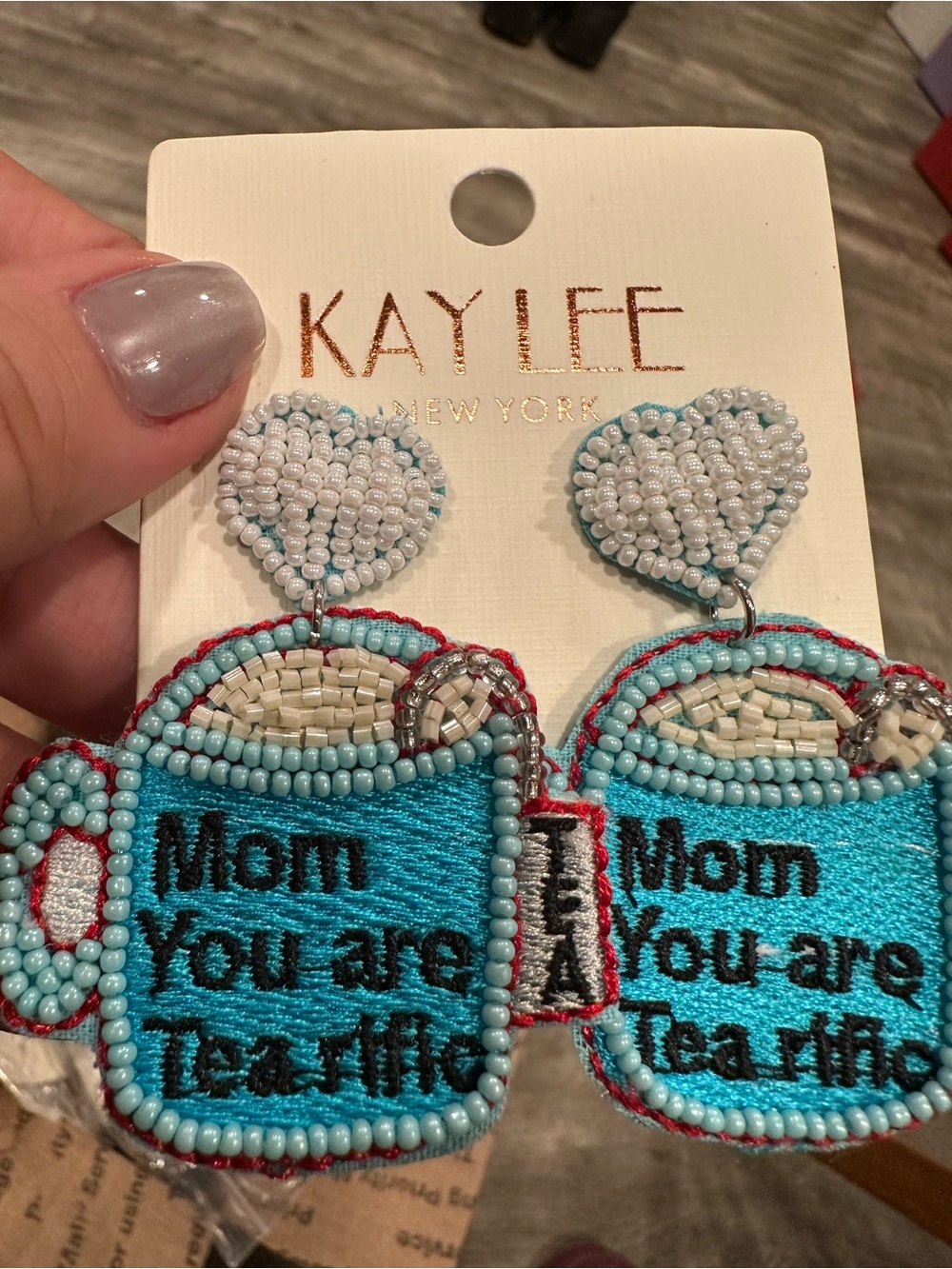 Kaylee Turquoise 'Mom You Are Tea-rific' Beaded Statement Earrings